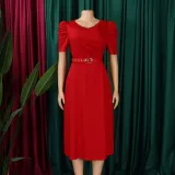 V-neck pleated large hem skirt