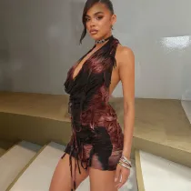 Hanging neckline tassel sexy backless hollow out dress