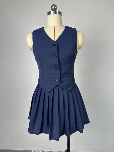 V-neck sleeveless vest top pleated skirt set