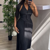 Hanging neck vest top half skirt set