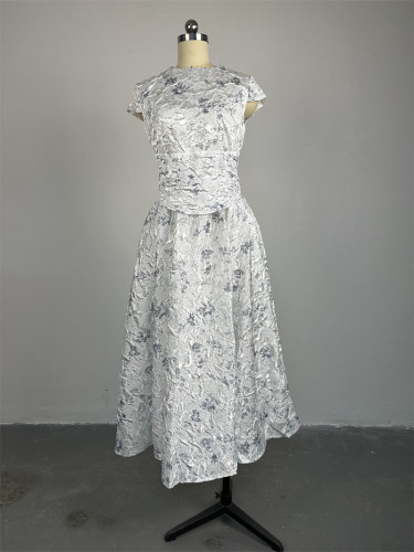 Printed waistband short sleeved A-line mid length dress