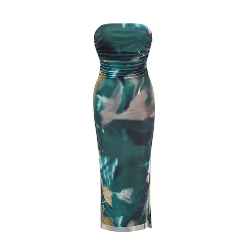 Printed double-layer sexy side slit dress
