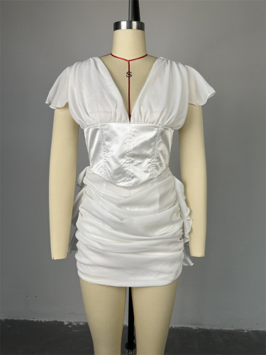 V-neck short sleeved patchwork waistband pleated short dress