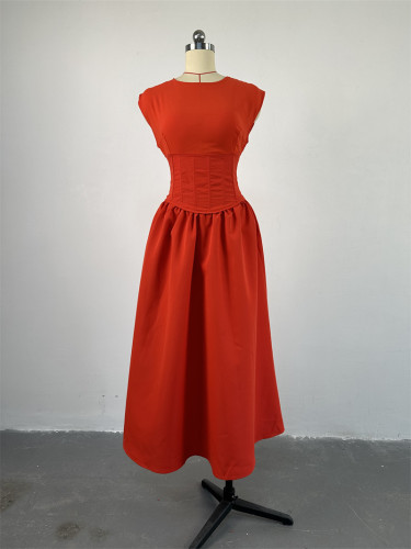 Round neck waist high waisted fishbone A-line dress