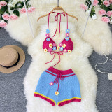 Knitted neck tie and hollowed out bikini two-piece set