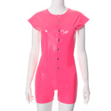 Solid color PU leather round neck single breasted backless jumpsuit shorts