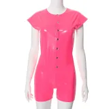 Solid color PU leather round neck single breasted backless jumpsuit shorts