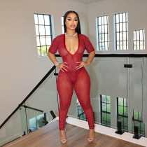 Deep V short sleeved high waisted tight fitting jumpsuit pants