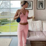 V-neck strapless suspender slim fitting lace up wide leg pants set
