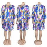 Printed patchwork lace V-neck lantern sleeve colorful dress