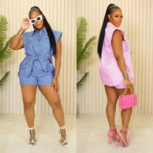 Women's striped short sleeved shirt and shorts set