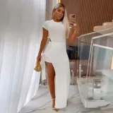 Hollow elastic tight fitting split strap mid length skirt two-piece set