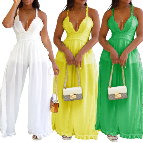 Wood ear edge suspender jumpsuit