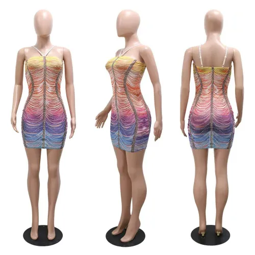 Hanging strap positioning printed hot diamond double-layer dress
