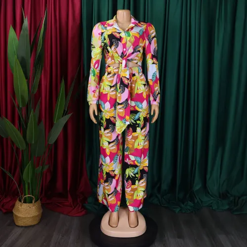 Printed two-piece set with lapel strap shirt and wide leg pants set