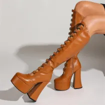 Thick soled ultra-high heel punk style knee length women's boots