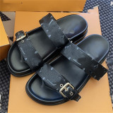 Outgoing flat bottomed metal buckle double strap letter sandals