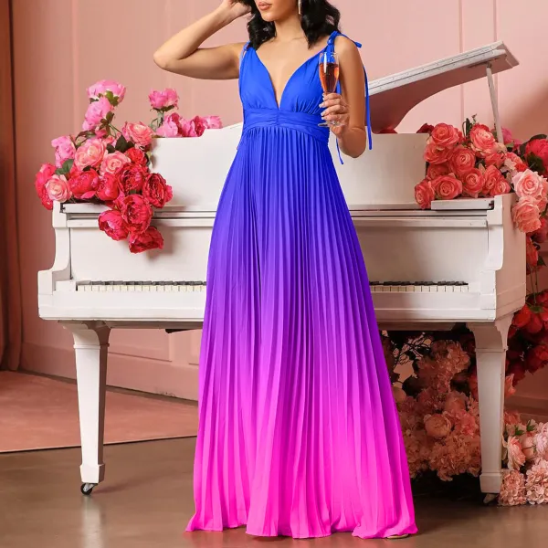 V-neck sexy high waisted gradient pleated long skirt