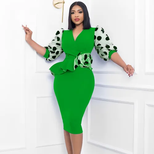 Temperament Mesh Bubble Sleeves Pencil Dress
