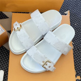 Outgoing flat bottomed metal buckle double strap letter sandals