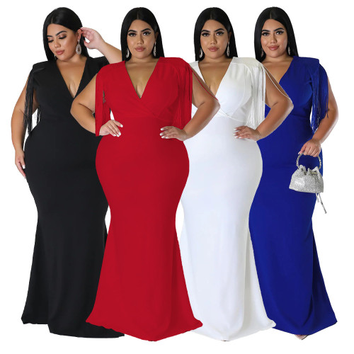 Sexy tassel V-neck long sleeved slim fit dress