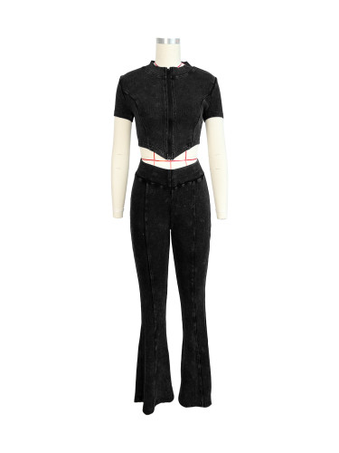 Threaded water washed old V-shaped hem short sleeved flared pants set