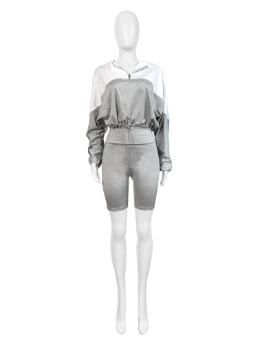 Waist hugging color blocking long sleeved shorts sports and leisure set