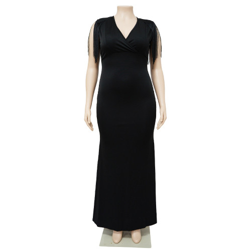 Sexy tassel V-neck long sleeved slim fit dress