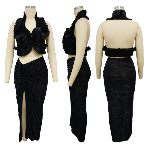 Women's sleeveless slit ruffle edge pleated skirt set