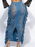 Personalized handmade distressed slit fringe denim skirt