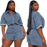 High stretch short sleeved loose washed denim jumpsuit