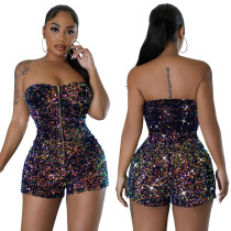 Strapless zipper jumpsuit sequined party skirt pants