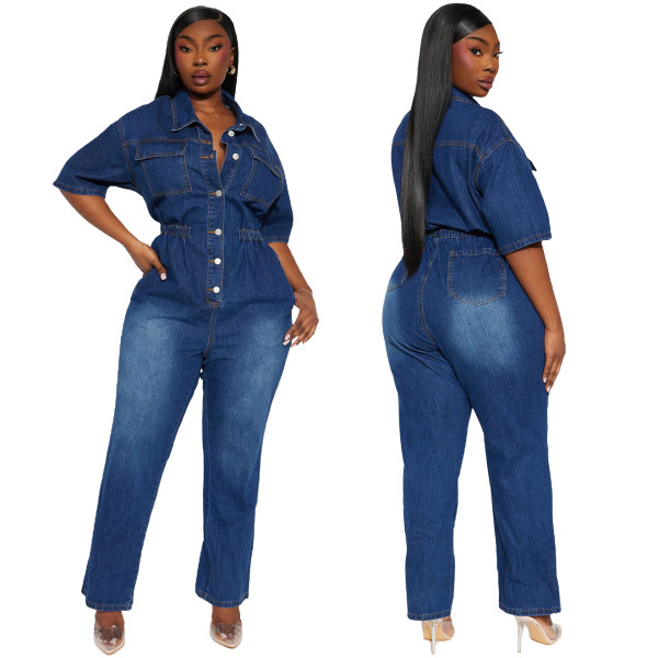 Elastic short sleeved small toe washed denim jumpsuit