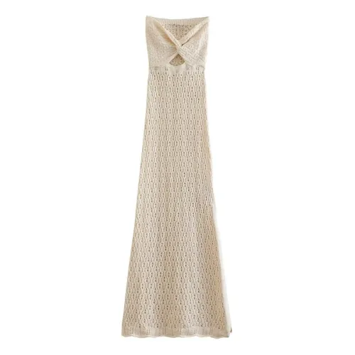 Strapless open mesh hollow knit elastic hip hugging dress