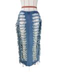 Personalized handmade distressed slit fringe denim skirt