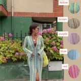 Color blocked lace hollow out low cut front slit jumpsuit long skirt