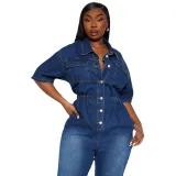 Elastic short sleeved small toe washed denim jumpsuit