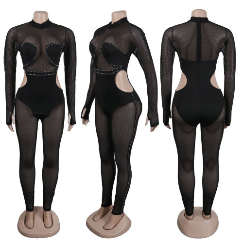 Mesh long sleeved jumpsuit for nightclubs