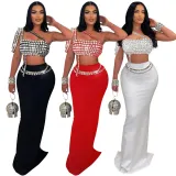 Short suspender rhinestone top paired with slim fit hip hugging skirt