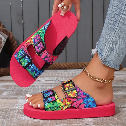 Belt buckle slippers, women's flat bottomed straight out beach sandals