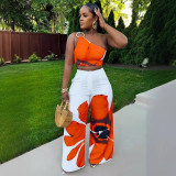 Printed one shoulder slim fit wide leg pants two-piece set