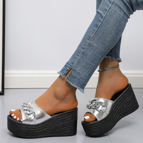 Slope heel square metal chain straight fish mouth cool drag women's shoes