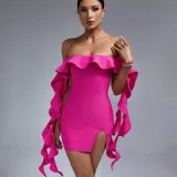 Sleeveless one shoulder wooden ear short slit dress