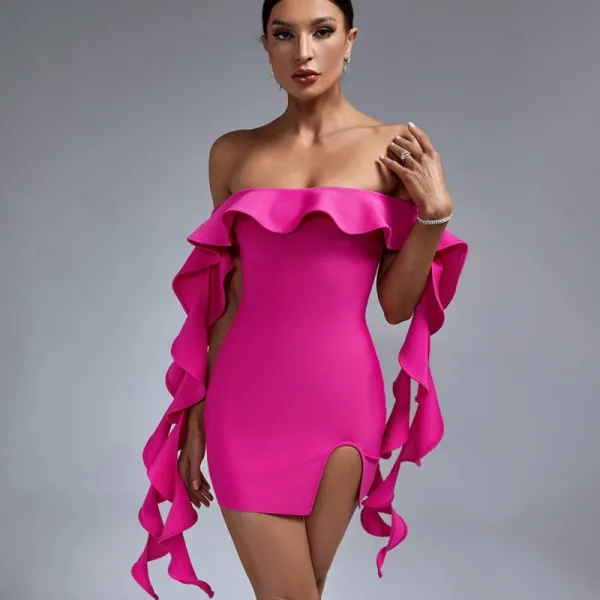 Sleeveless one shoulder wooden ear short slit dress
