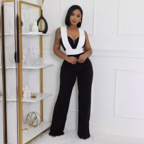 Color blocked elastic wide leg zipper jumpsuit
