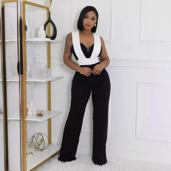Color blocked elastic wide leg zipper jumpsuit