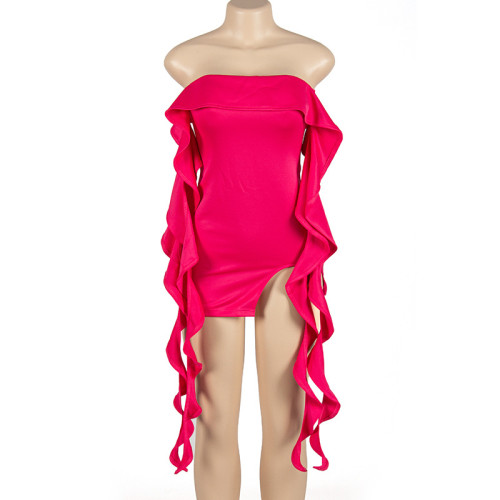 Sleeveless one shoulder wooden ear short slit dress
