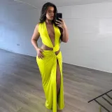 Deep V hollow slit slim fit dress