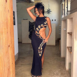 Sleeveless snake print exposed navel hollow slit long dress