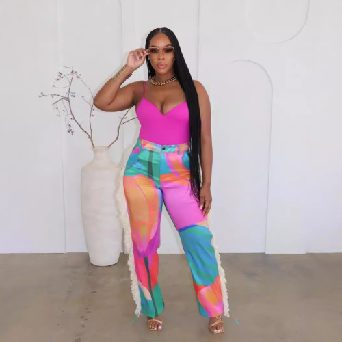 Printed fringe high waisted elastic waistband fringe pocket pants